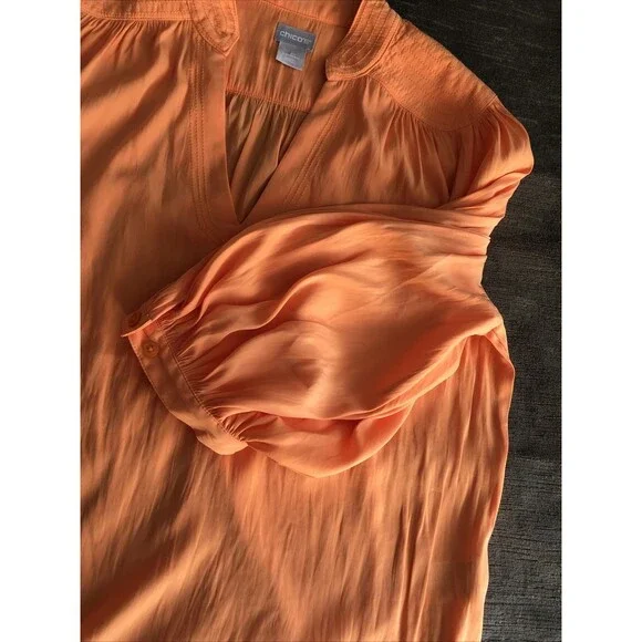 Chico’s Size 1 Orange Tunic V Neck Top Flowy Easy Care Career Or Casual 8/10 - Picture 9 of 11